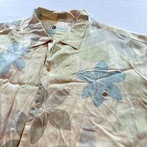 Bachrach Mens XL Silk Tropical Floral Short Sleeve Button Down Camp Shirt Tan